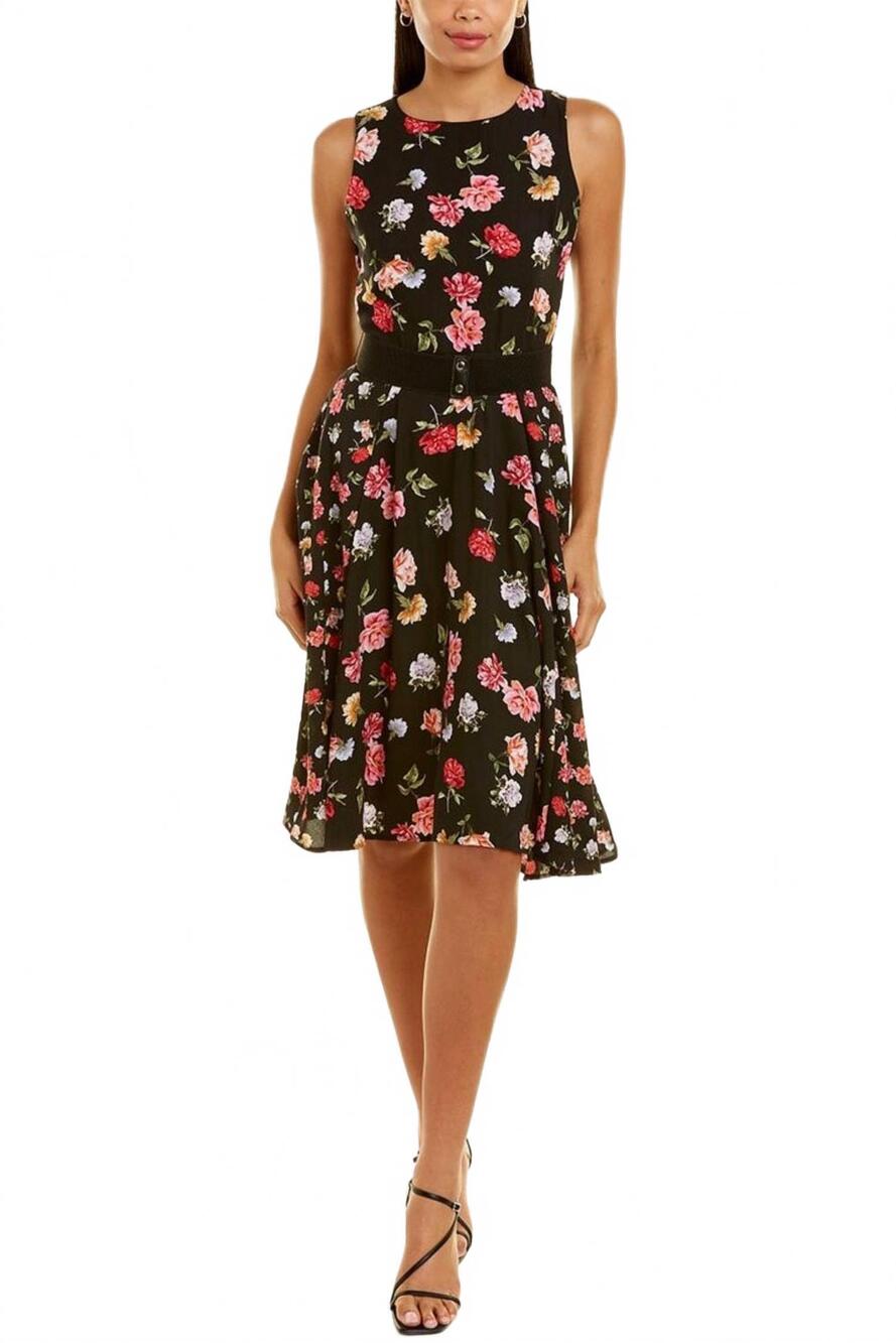 NEW MAISON TARA floral sleeveless a-line midi dress in black / pink